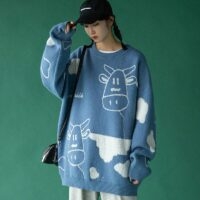 Suéter de vaca pulôver Kawaii kawaii azul