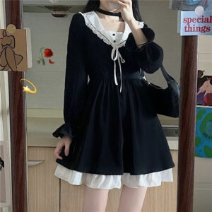 Herfst zwarte Lolita jurk Buig kawaii