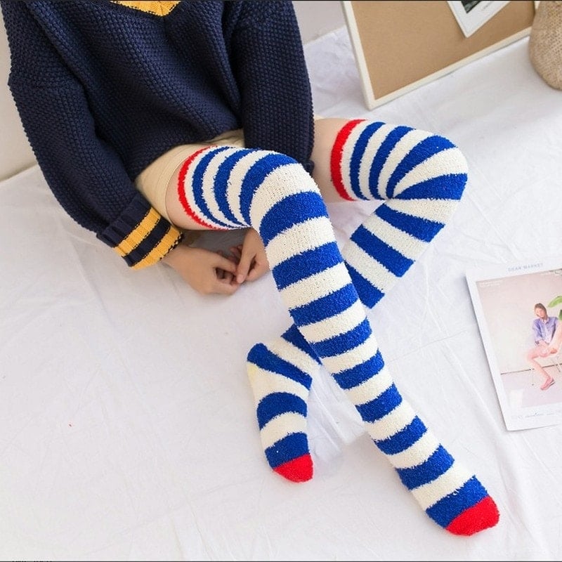 Fuzzy Striped Thigh Highs Socks - Kawaii Fashion Shop  Cute Asian Japanese  Harajuku Cute Kawaii Fashion Clothing