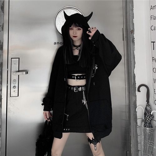 Gothic Black Devil Horn Hoodie - Kawaii Fashion Shop | Cute Asian ...