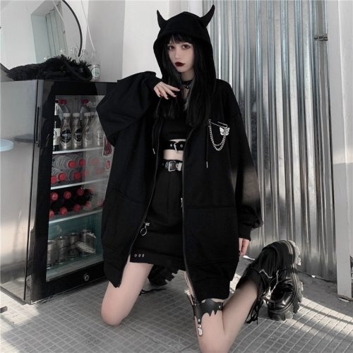 Gothic Black Devil Horn Hoodie - Kawaii Fashion Shop | Cute Asian ...