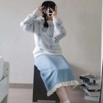 Niebieska koronkowa spódnica Kawaii Y2k z rozcięciem