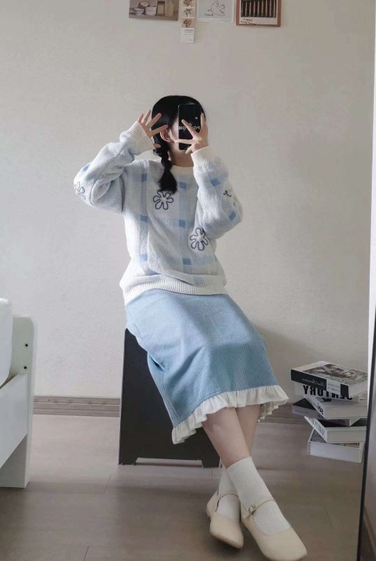Kawaii Y2k Blue Lace Split Skirt