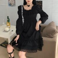 Zwarte kanten gotische jurk Zwarte jurk kawaii