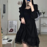 Zwarte kanten gotische jurk Zwarte jurk kawaii