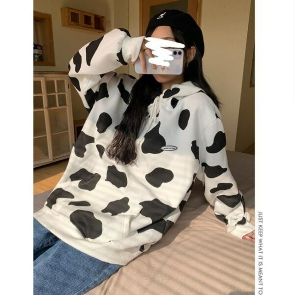 Felpa con cappuccio con stampa di mucca da latte Kawaii Kawaii carino