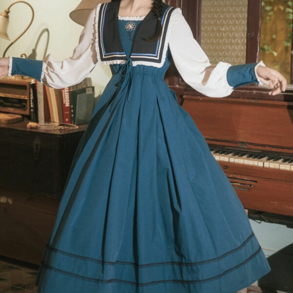 Элегантное винтажное темно-синее платье с воротником Элегантный каваи