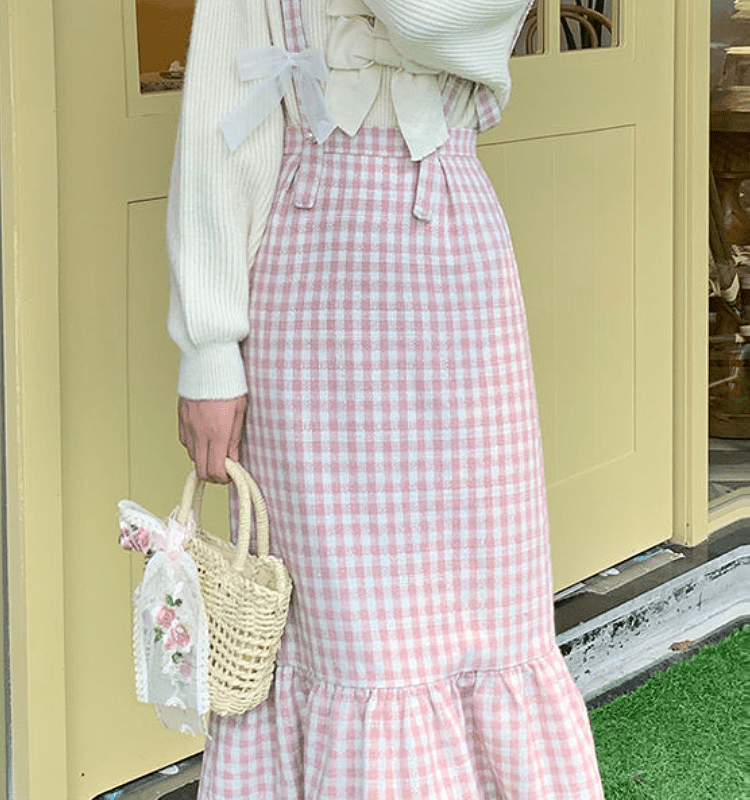 일본 카와이 체크 무늬 스트랩 드레스