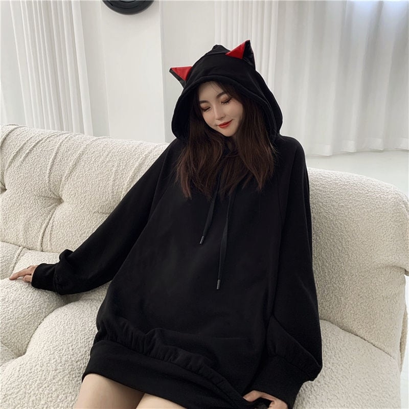 Kawaii zwarte kat oren hoodie