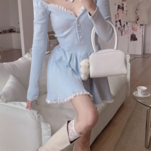Kawaii Lolita blå stickad klänning Stickad klänning kawaii