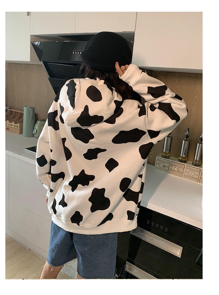 Felpa con cappuccio con stampa di mucca da latte Kawaii