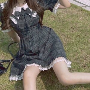 Lolita zoete geruite kanten jurk Mini-jurken kawaii