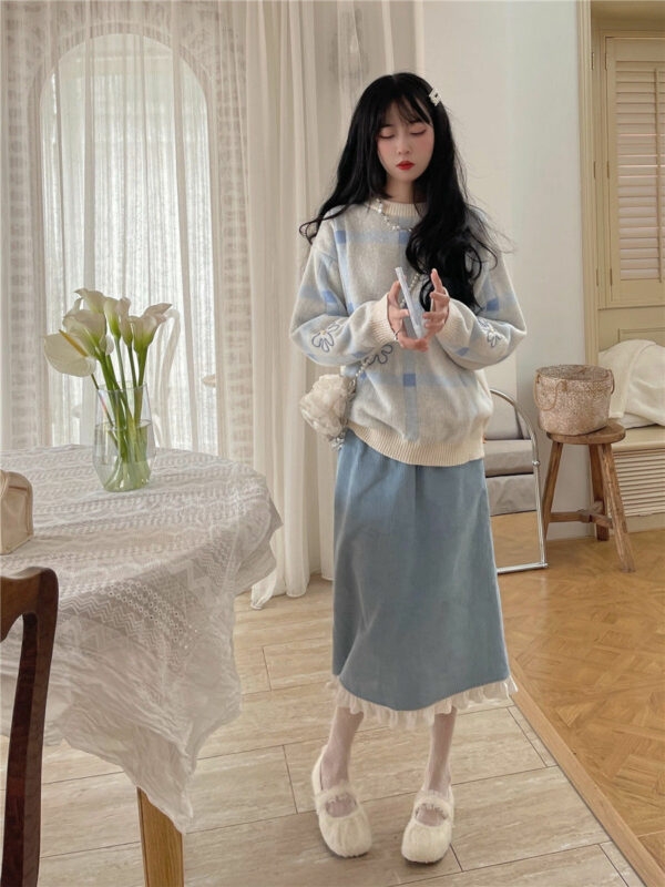 Kawaii Y2k Blue Lace Split Skirt Fairy Skirts kawaii