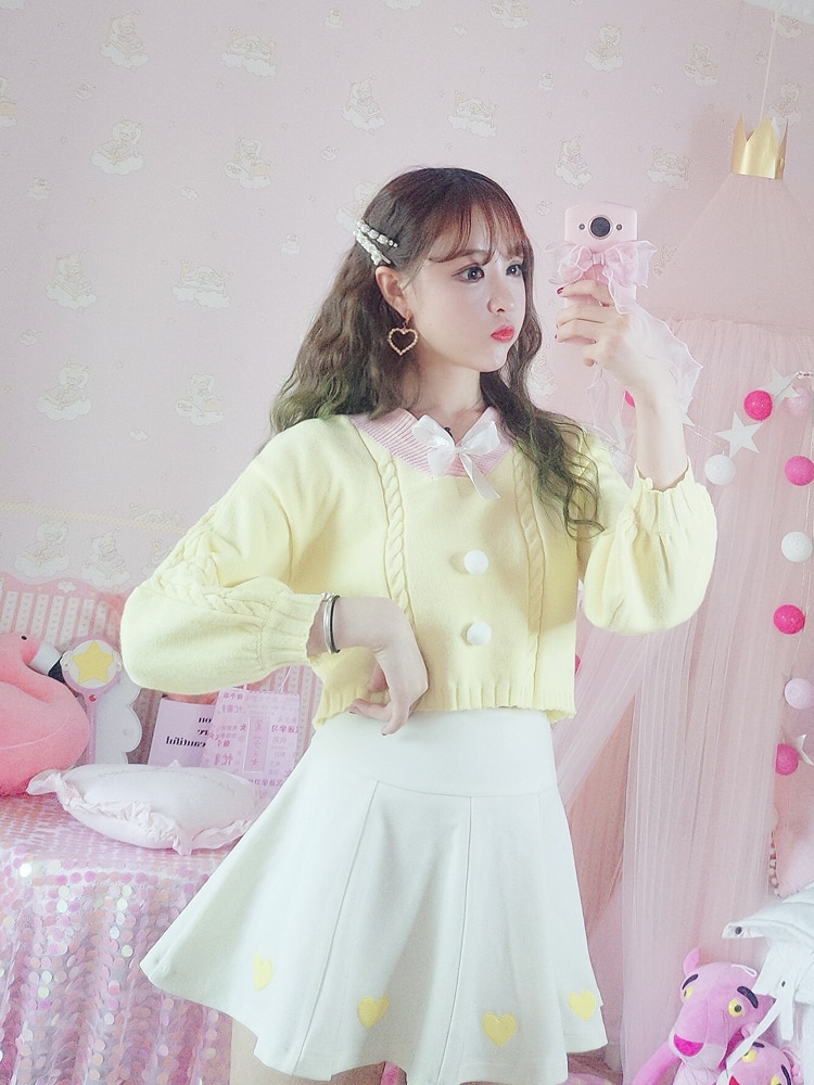Koreansk stil V-ringad rosa tröja