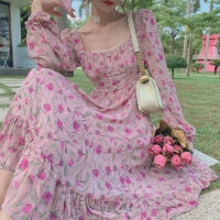 Robe florale douce et élégante rose Mousseline kawaii