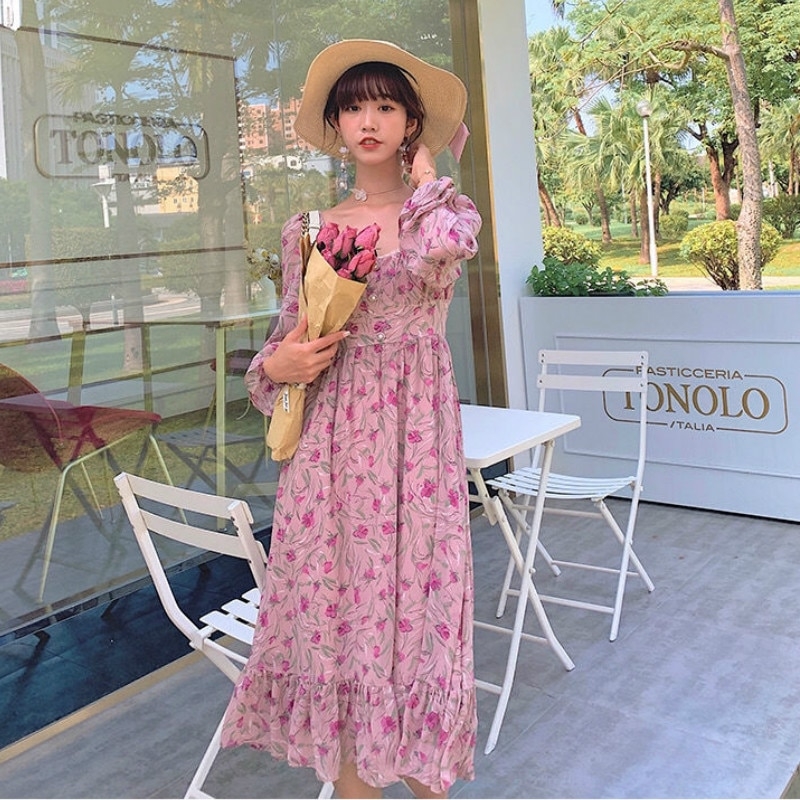 ピンク エレガント スウィート フローラル ドレス - Kawaii Fashion