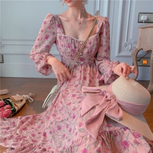핑크 우아하고 달콤한 꽃무늬 드레스 쉬폰 카와이