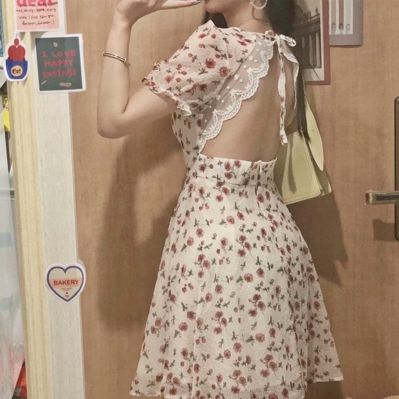 Summer Backless Floral Dress - Kawaii Fashion Shop | Cute Asian ...