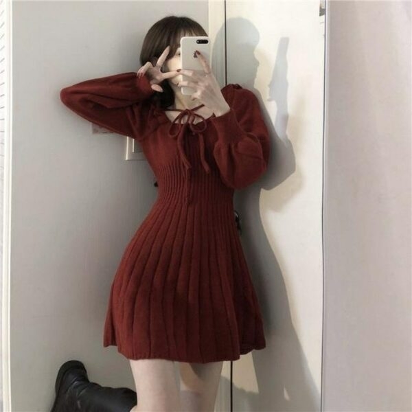 かわいい甘い赤いニットドレス日本のかわいい