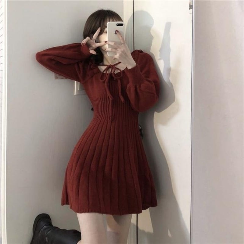 Kawaii Sweet Red Knitted Dress - Kawaii Fashion Shop