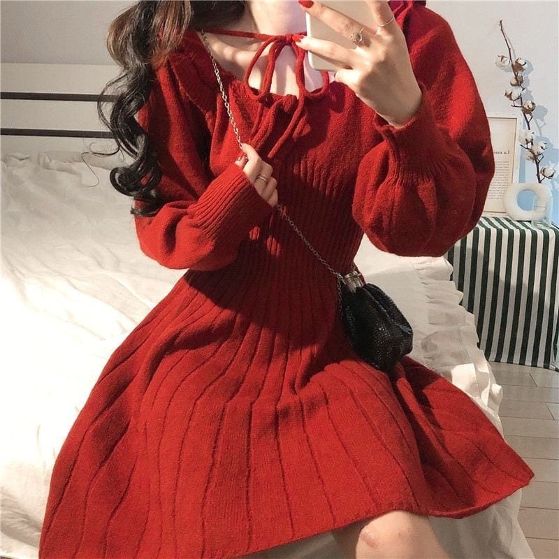 Vestido de malha vermelho doce Kawaii