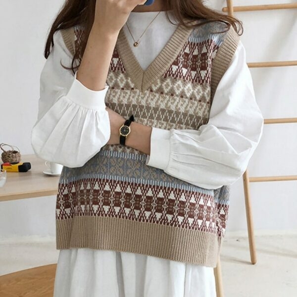 Suéter coreano vintage con cuello en V kawaii coreano