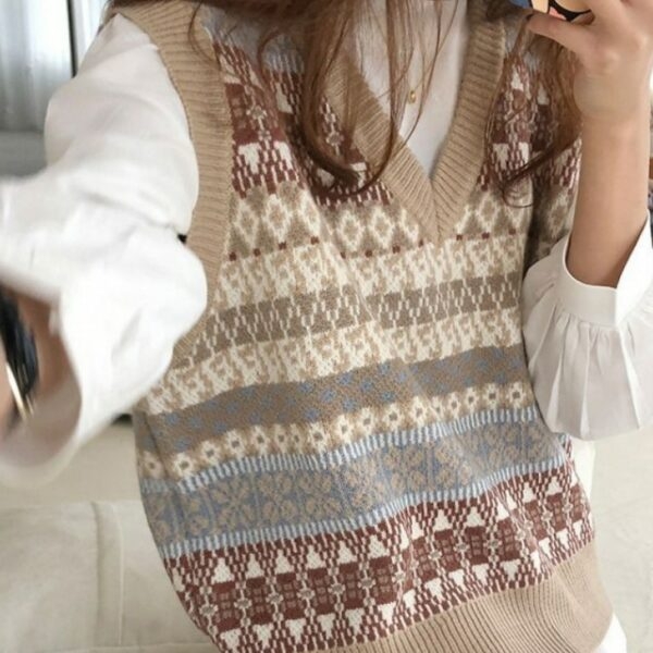 Suéter coreano vintage com decote em V Kawaii coreano