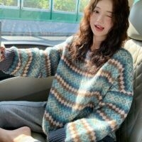 冬の韓国プリントパッチワークセーター韓国のかわいい