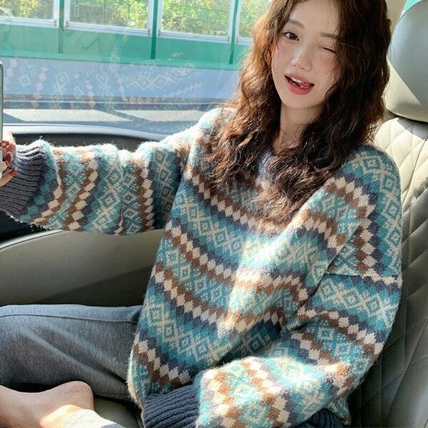 Suéter de patchwork con estampado coreano de invierno kawaii coreano