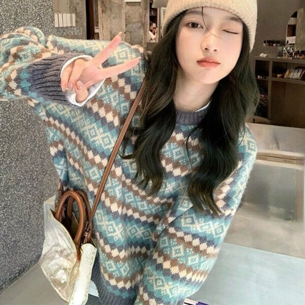 Зимний лоскутный свитер с корейским принтом корейский каваи
