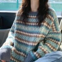 Zimowy koreański sweter z patchworkowym nadrukiem Koreańskie kawaii