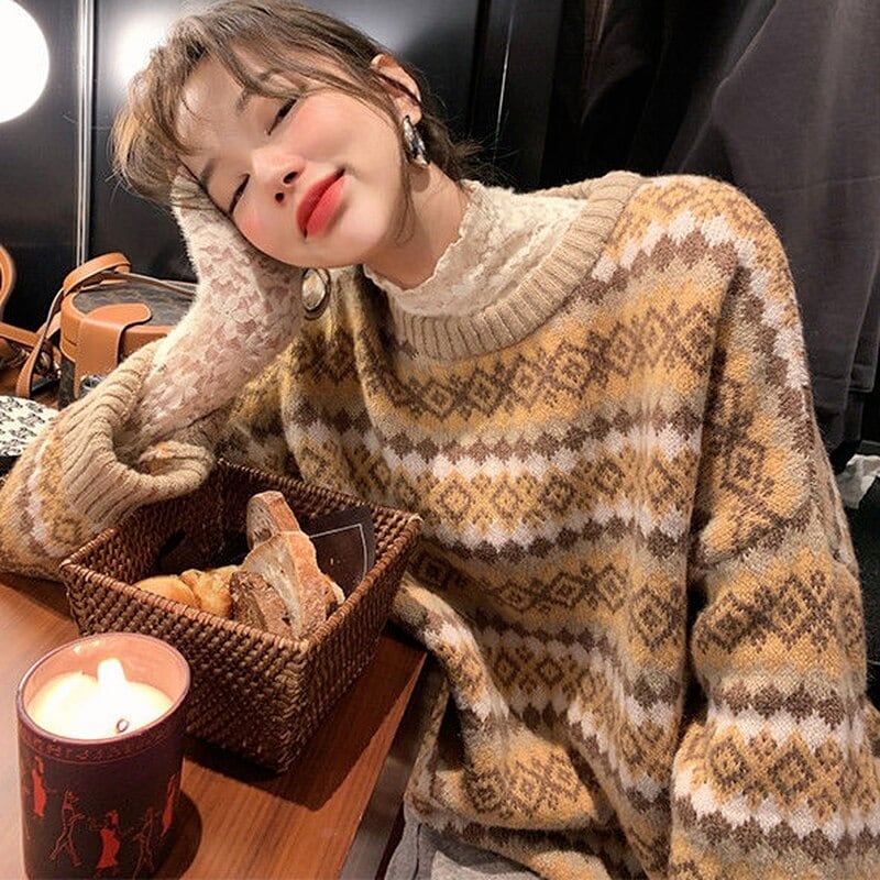 Зимний лоскутный свитер с корейским принтом