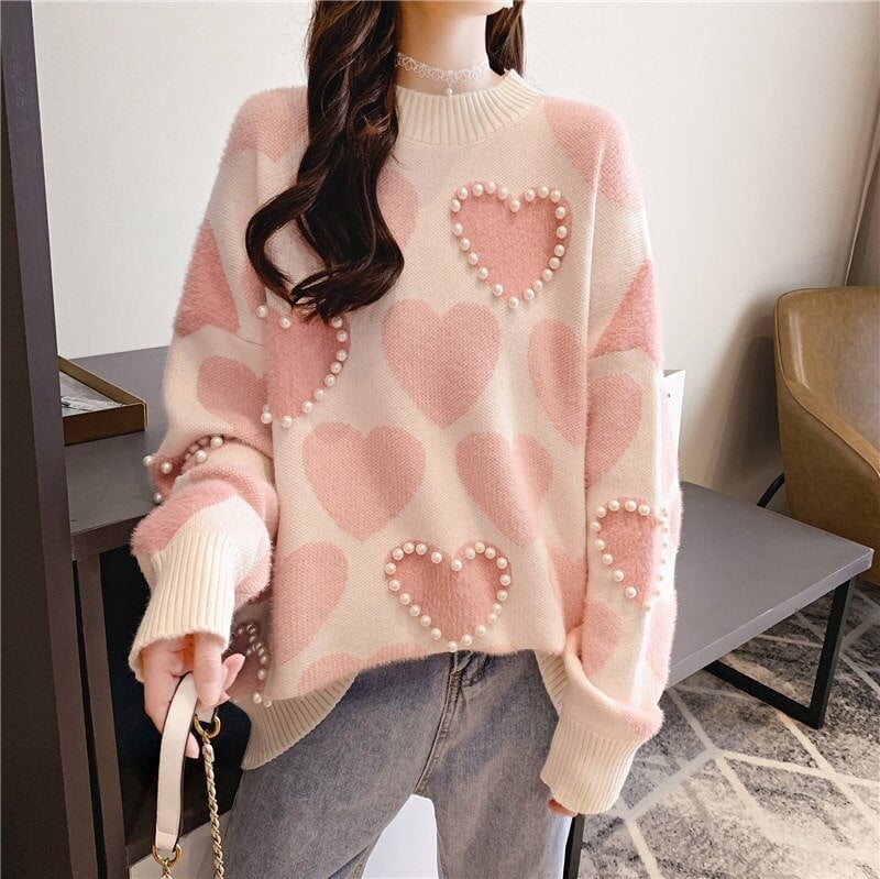 Kawaii Pink Heart Sweater - Kawaii Fashion Shop  Cute Asian Japanese  Harajuku Cute Kawaii Fashion Clothing