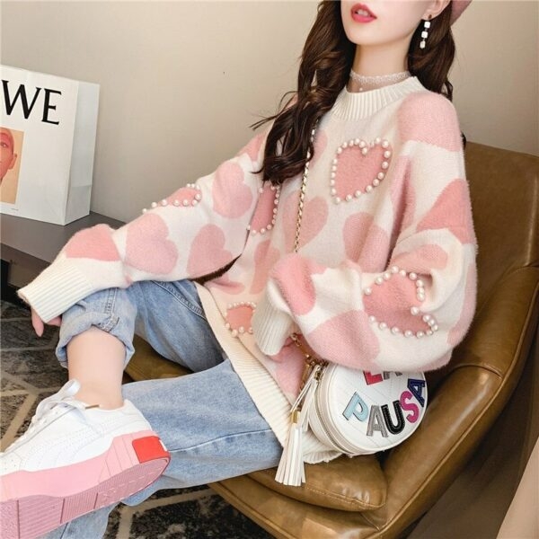카와이 핑크 하트 스웨터 하트 카와이