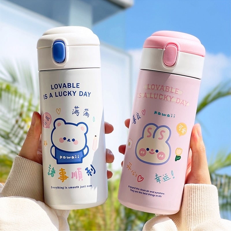 DanceeMangoos Kawaii Water Bottle with Removable Warm Furry Bear Hoodie  Cover and Shoulder Strap, Cute Cartoon Travel Thermos Mug, Aesthetic  Stainless Steel Vacuum Insulated Bottle with Straw 