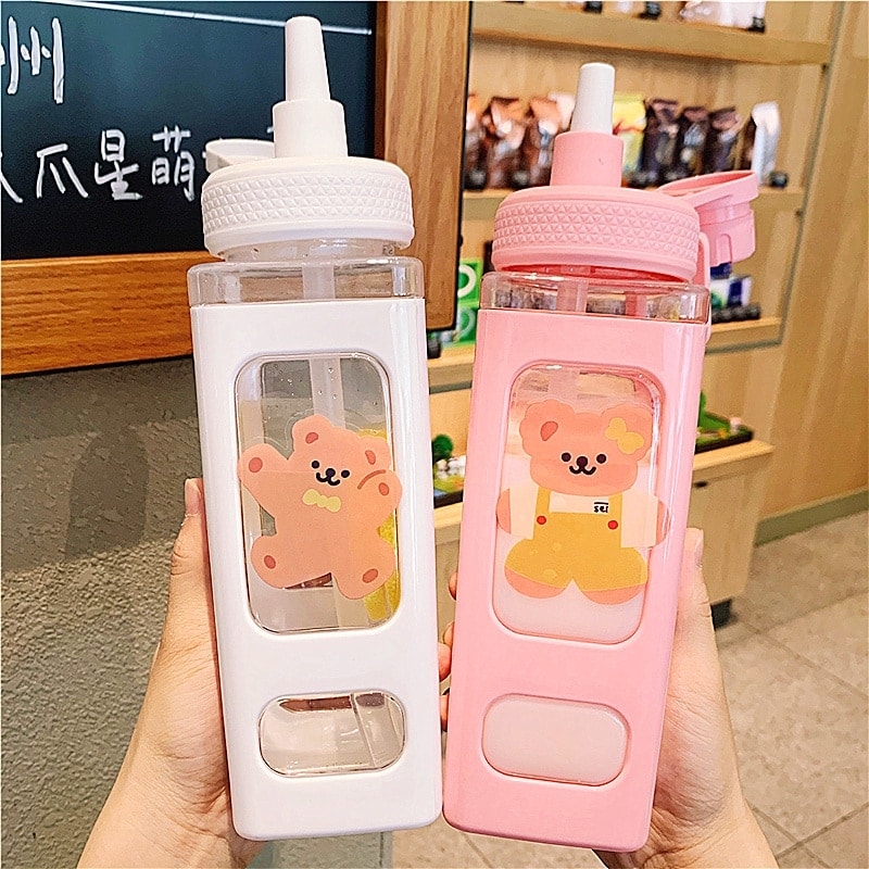 Kawaii Bear Water Bottle With Straw 700ml - 900ml - Kawaii Fashion Shop