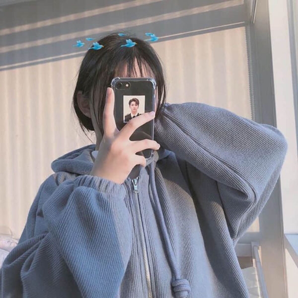 Sweat à capuche ample bleu coréen mignon Cardigan kawaii