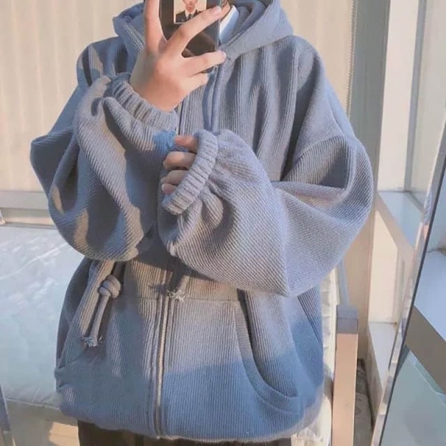 Leuke Koreaanse blauwe losse hoodie