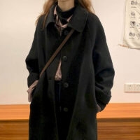 معطف مزاجه أسود متوسط الطول ياباني معطف كاواي