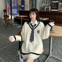 Cute Korean Student Uniforms White Sweater Korean kawaii