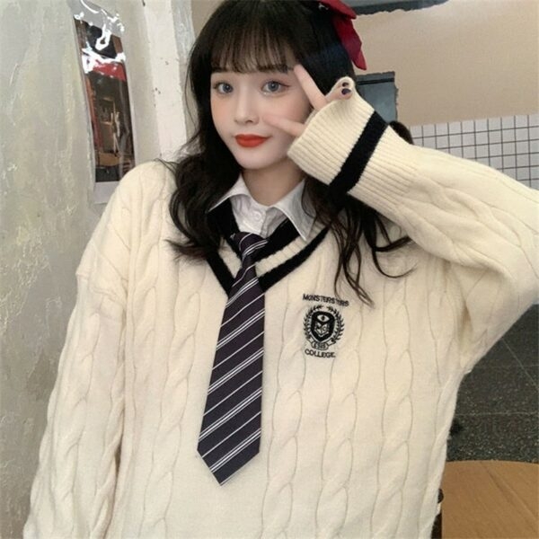 Śliczny koreański mundurek studencki, biały sweter Koreańskie kawaii