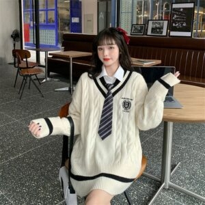 Bonito uniforme de estudante coreano suéter branco coreano kawaii