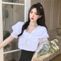 夏の韓国スタイルの甘い白 T シャツ韓国のかわいい