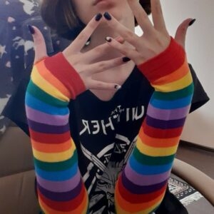 Luvas de tricô listradas arco-íris Luvas de tricô kawaii