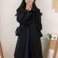 日本製ミドル丈ブラック気質コートコートかわいい