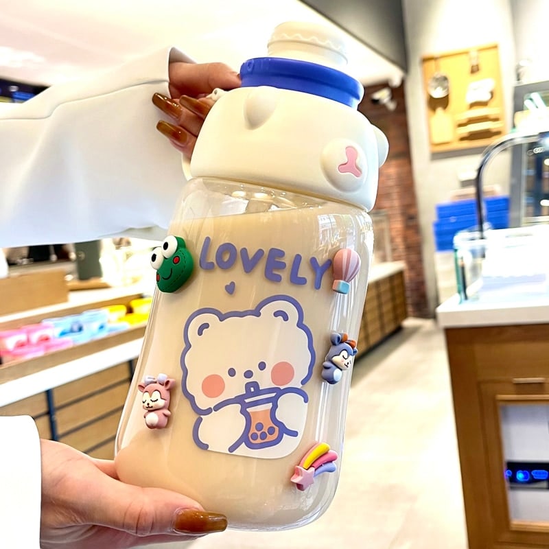 2024 Water Bottle Cartoon Bear Cute Water Bottles Milk Juice Coffee Glass Water  Bottle With Straw, Portab