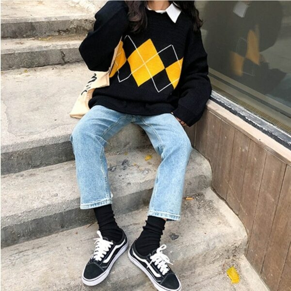 Koreanische Pullover mit lockerem geometrischem Muster Kawaii im College-Stil