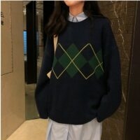 Koreanische Pullover mit lockerem geometrischem Muster Kawaii im College-Stil