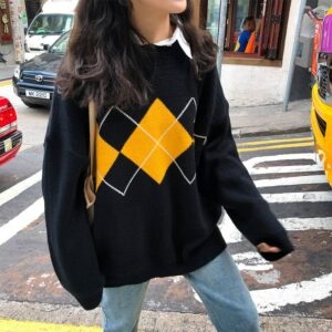 Suéteres coreanos soltos com padrão geométrico estilo universitário kawaii
