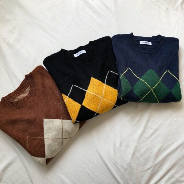 Korean Loose Geometric Pattern Sweaters College Style kawaii